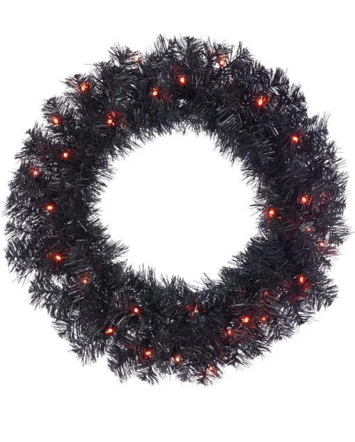 Halloween Kranz Mit LED Schwarz-orange 60cm -Halloween Deko Verkaufsgeschäft schwarzer halloween kranz mit orangen leds 60cm black halloween wreath with orange led lights 54294